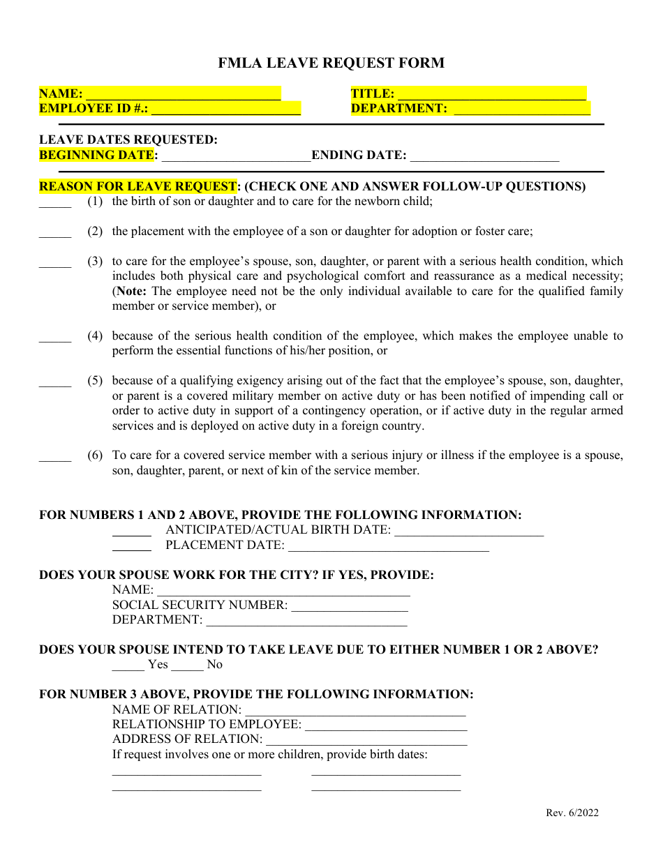 Fmla Leave Request Form - City of Corpus Christi, Texas, Page 1