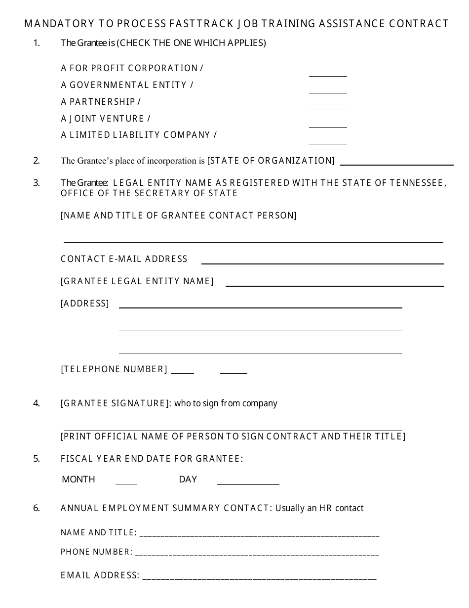 Tennessee Mandatory to Process Fasttrack Job Training Assistance Contract Fill Out, Sign