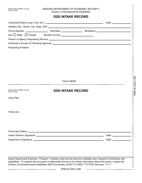 Form DDD-0522A Ddd Intake Record - Arizona