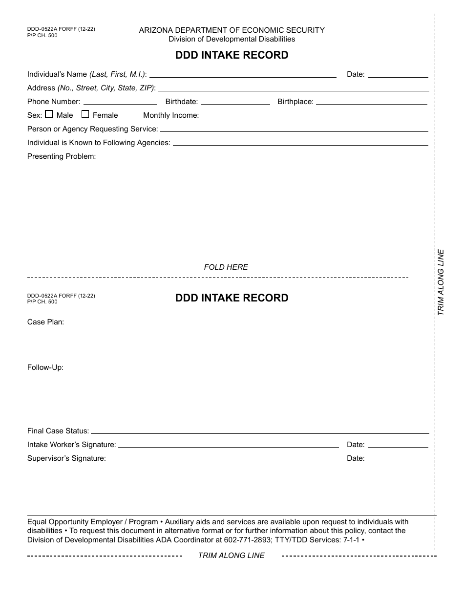 Form DDD-0522A Ddd Intake Record - Arizona, Page 1