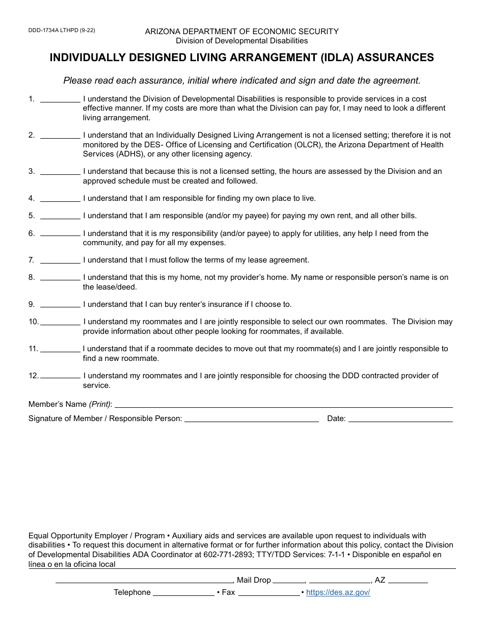 Form DDD-1734A Individually Designed Living Arrangement (Idla) Assurances - Arizona, Page 1