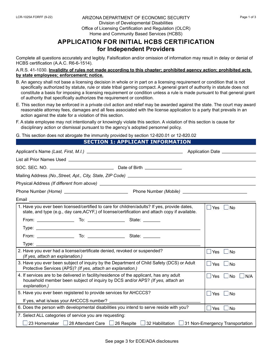 Form LCR-1025A Application for Initial Hcbs Certification for Independent Providers - Arizona, Page 1