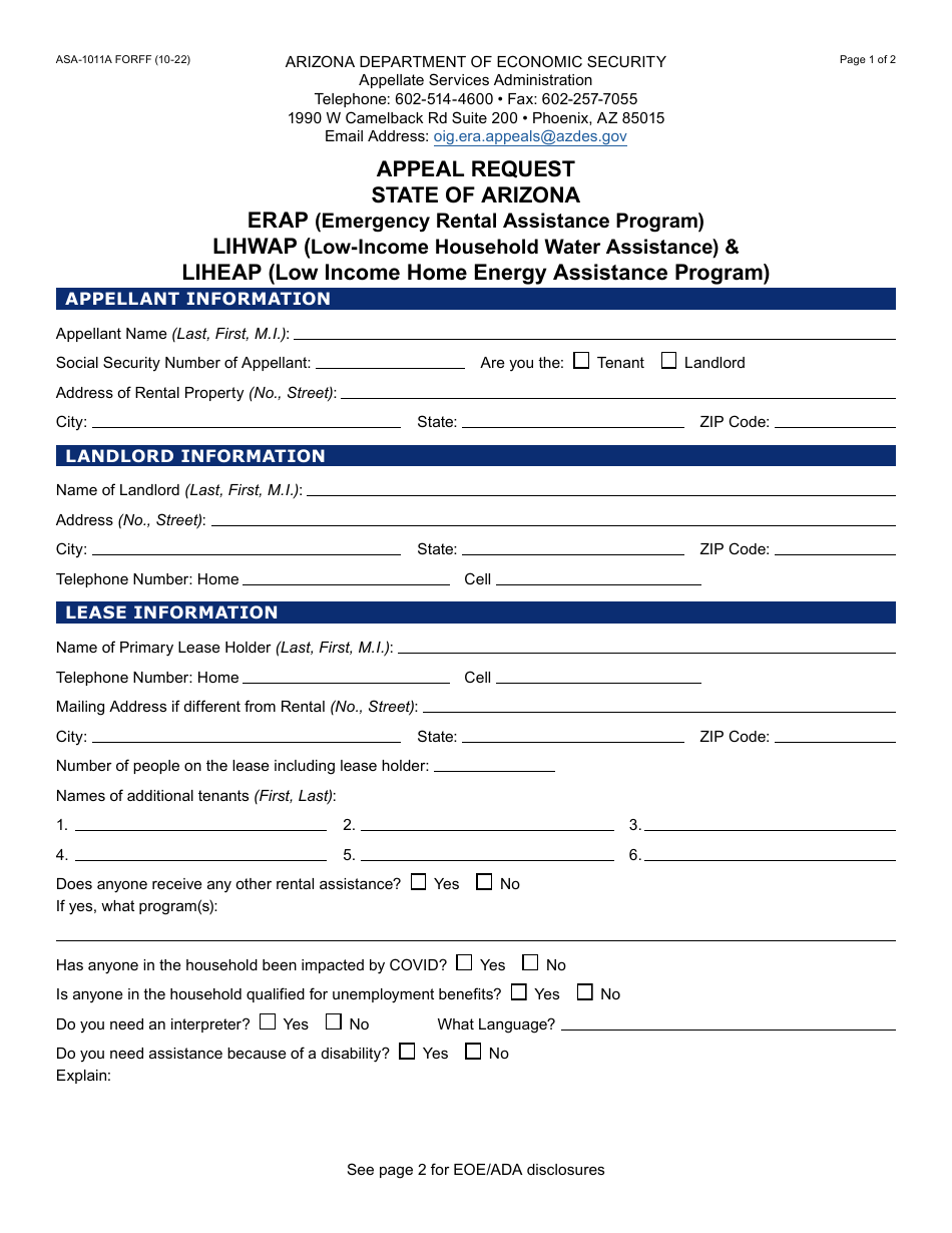Form ASA-1011A Appeal Request - Erap, Lihwap  Liheap - Arizona, Page 1