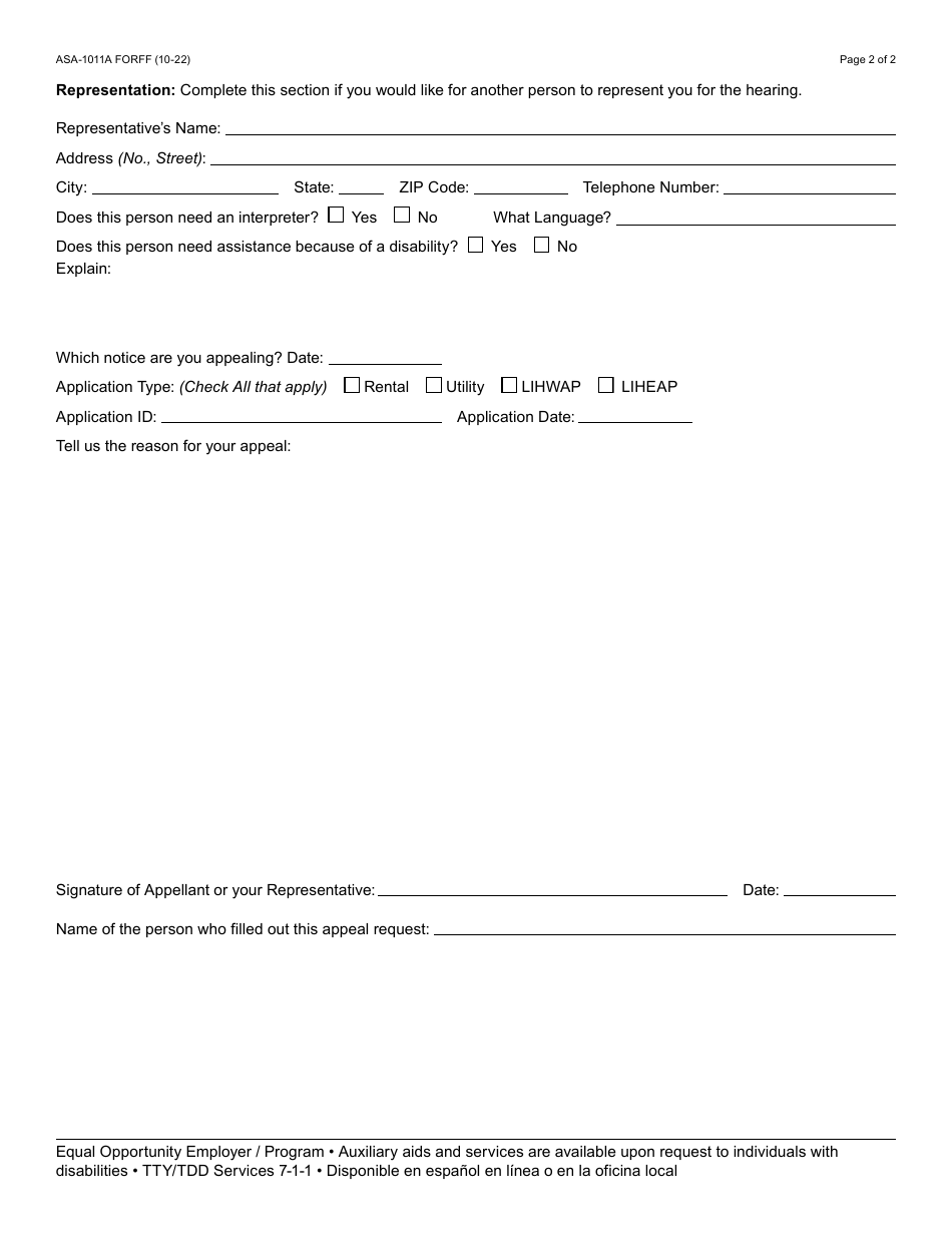 Form ASA-1011A Appeal Request - Erap, Lihwap  Liheap - Arizona, Page 2