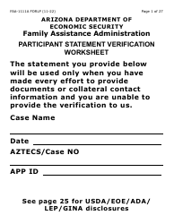 Form FAA-1111A-LP Participant Statement Verification Worksheet (Large Print) - Arizona