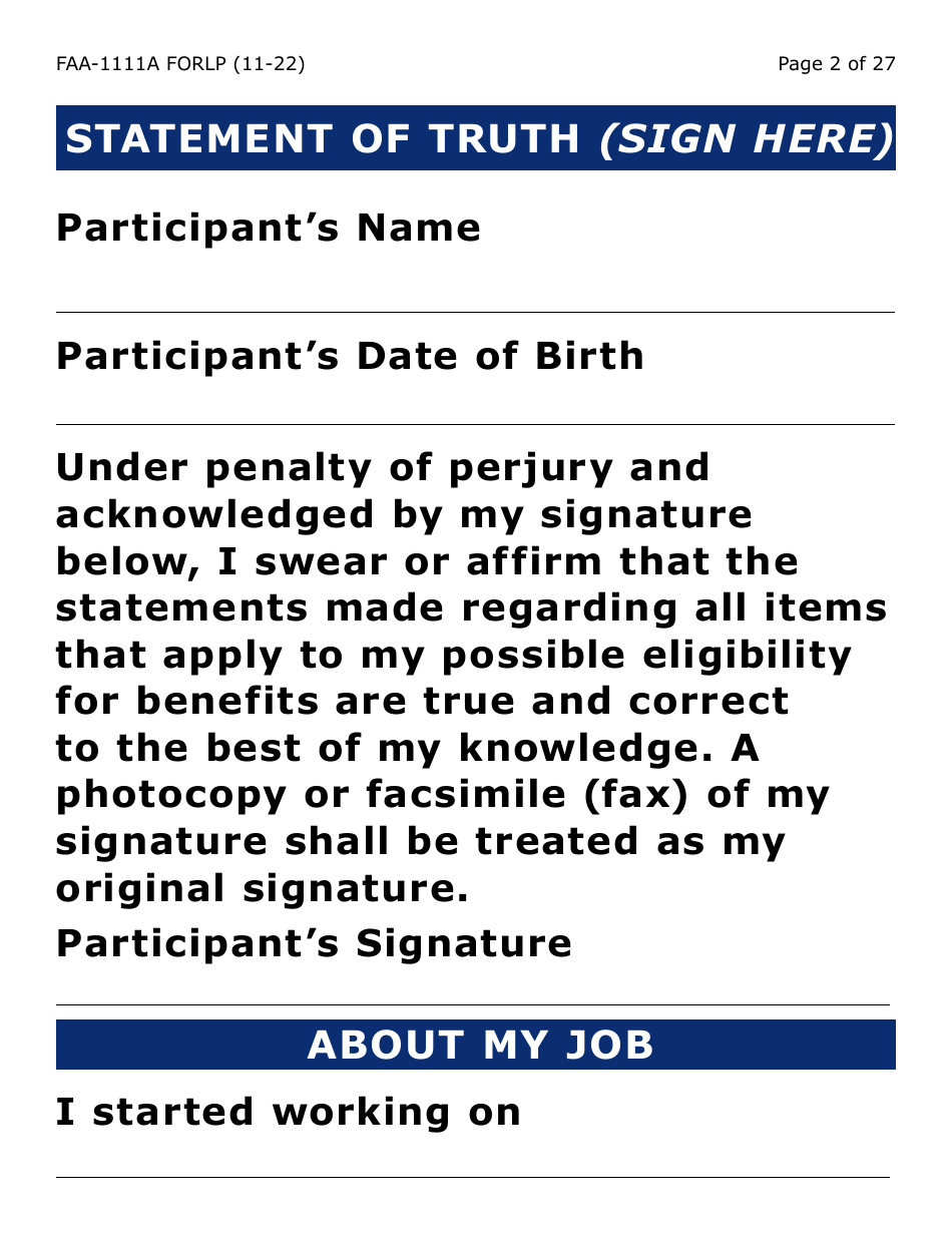 Form FAA-1111A-LP Participant Statement Verification Worksheet (Large Print) - Arizona, Page 2