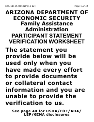 Form FAA-1111A-XLP Participant Statement Verification Worksheet (Extra Large Print) - Arizona