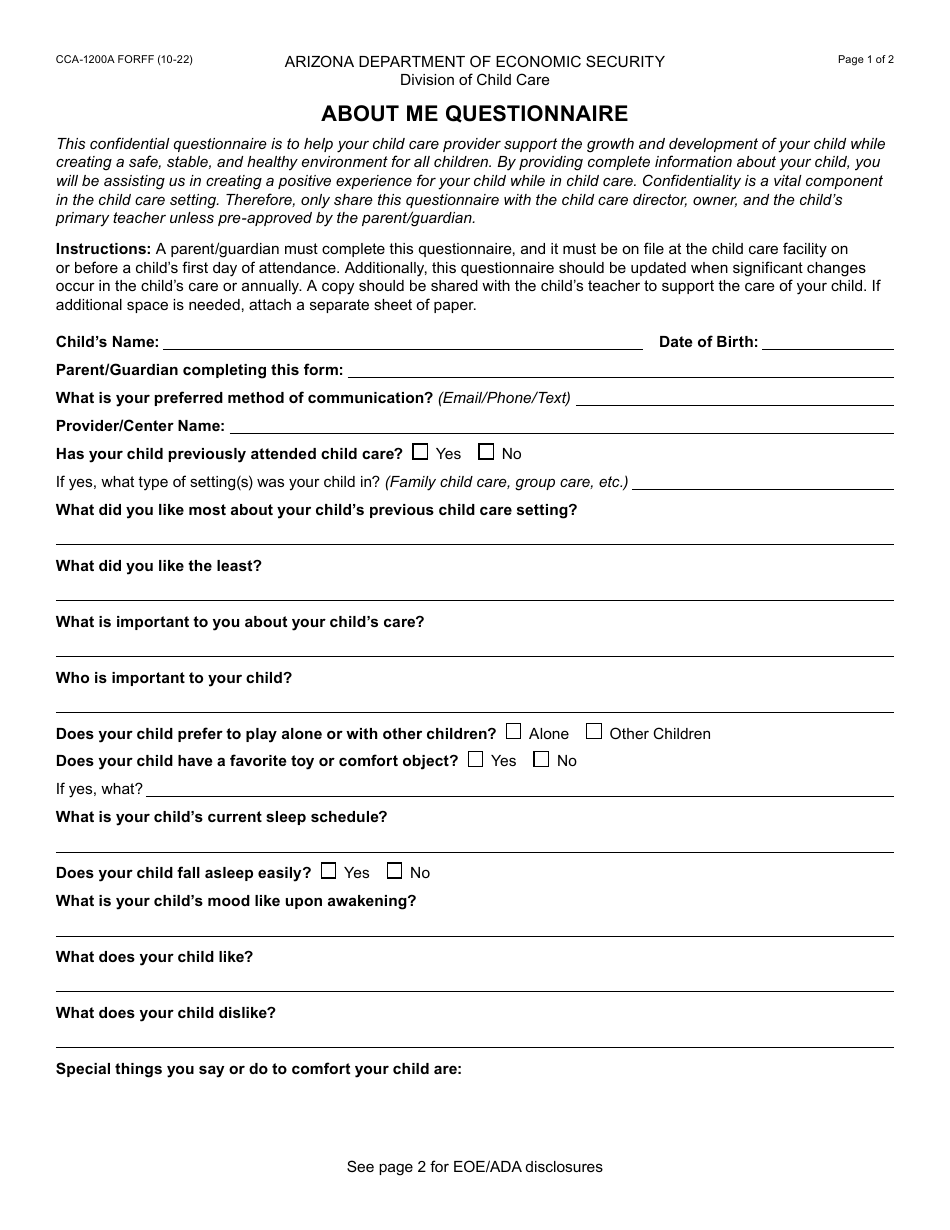 Form CCA-1200A About Me Questionnaire - Arizona, Page 1