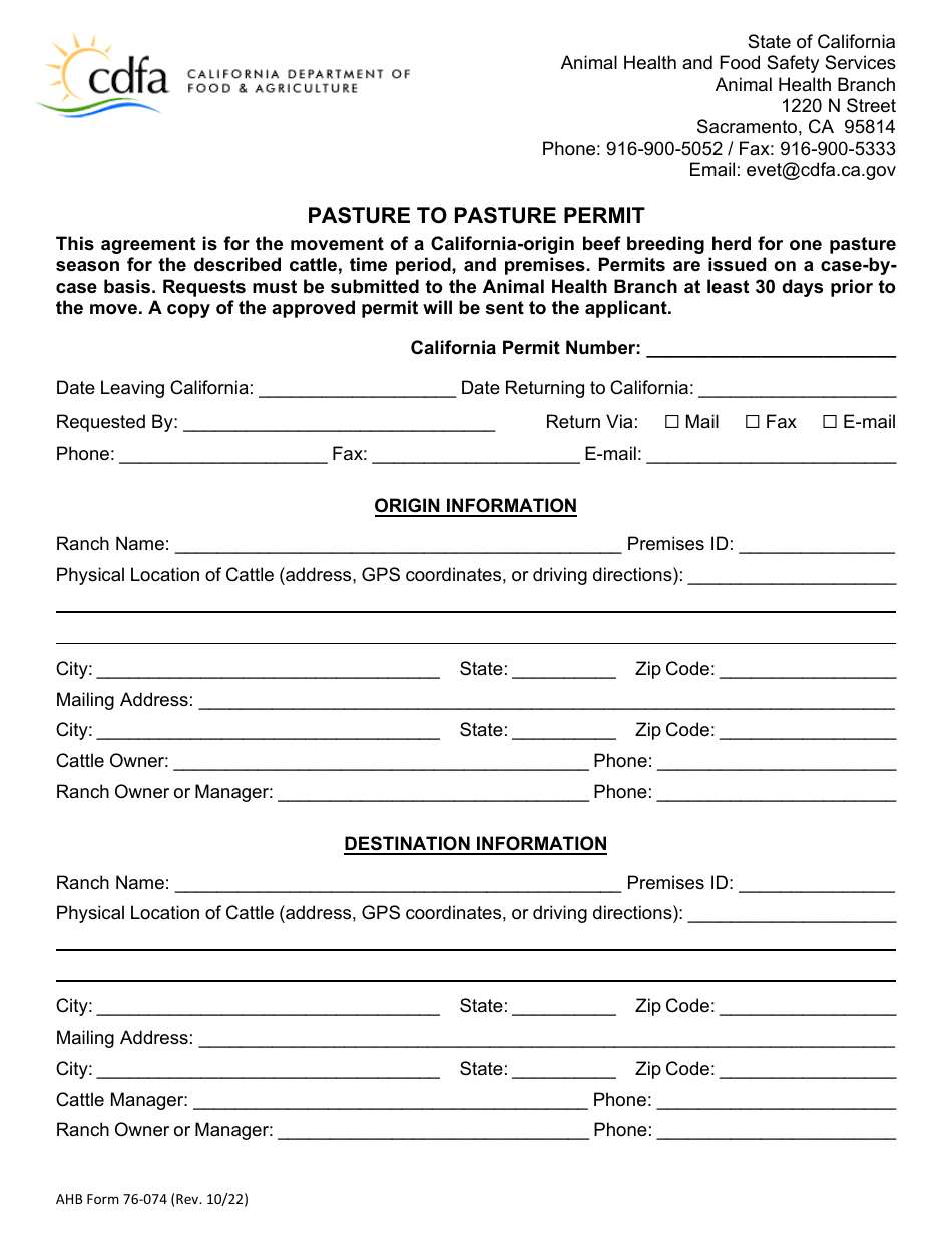 AHB Form 76-074 Pasture to Pasture Permit - California, Page 1
