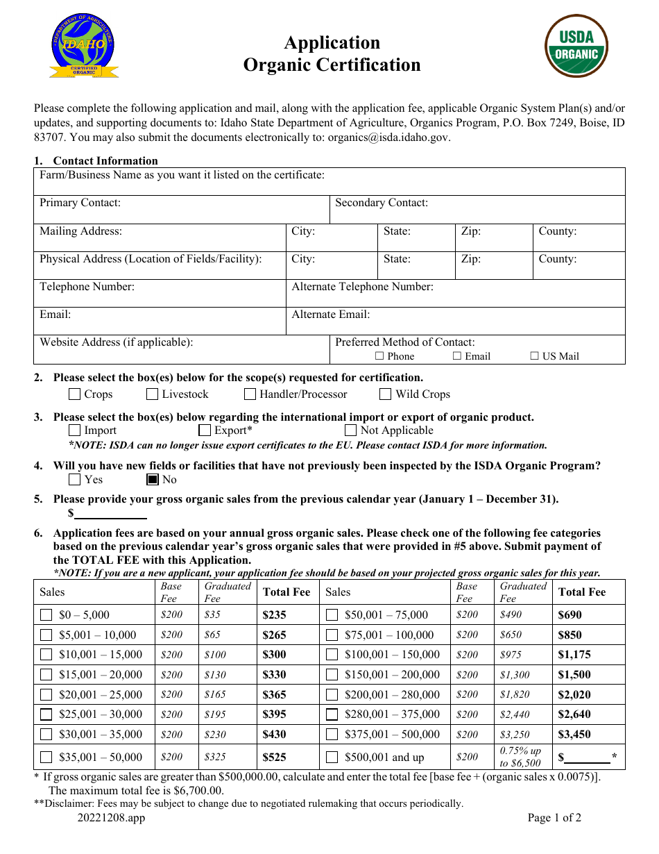 Idaho Organic Certification Application Fill Out Sign Online and