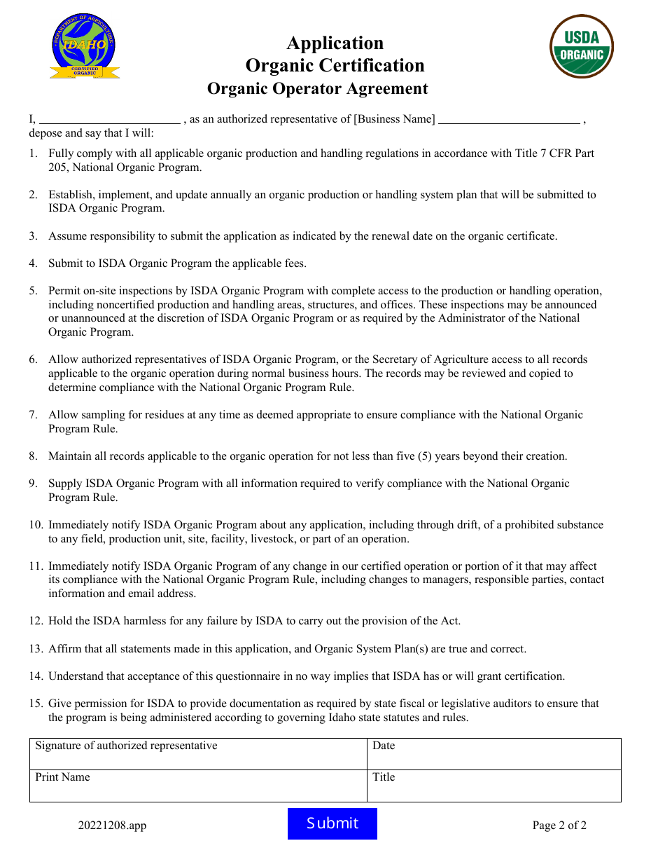 Idaho Organic Certification Application Fill Out Sign Online and