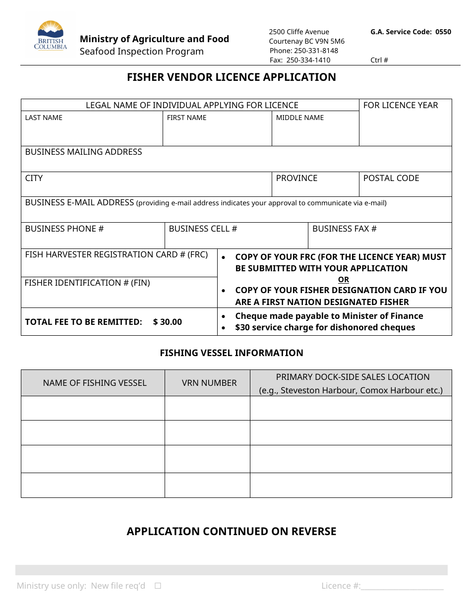Fisher Vendor Licence Application - British Columbia, Canada, Page 1