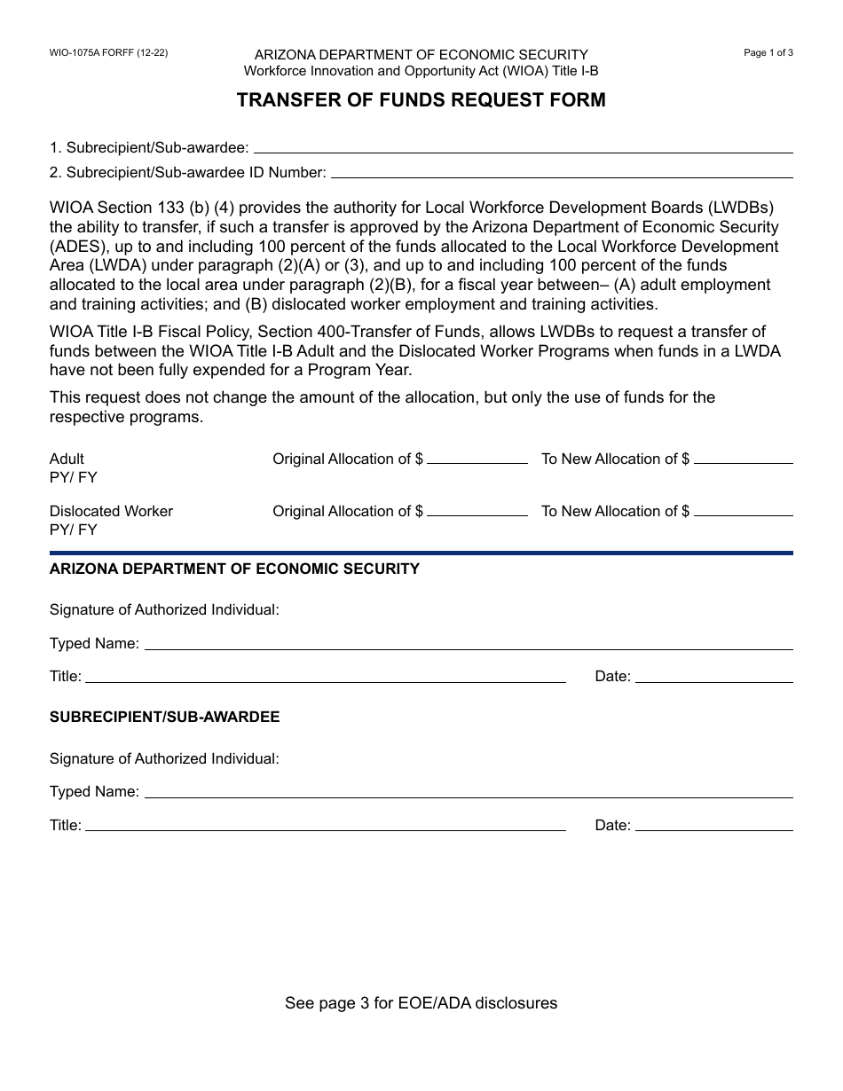 Form WIO-1075A Transfer of Funds Request Form - Arizona, Page 1