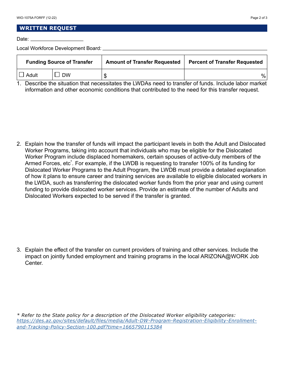 Form WIO-1075A Transfer of Funds Request Form - Arizona, Page 2