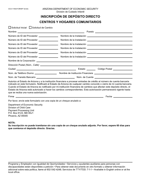 Formulario CCA-1140A-S Inscripcion De Deposito Directo Para Centros Y Hogares Comunitarios - Arizona (Spanish)