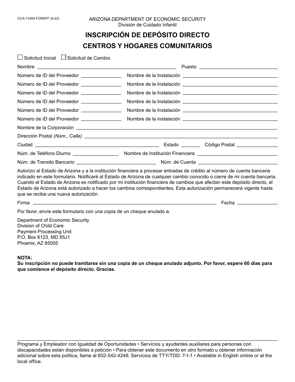 Formulario CCA-1140A-S Inscripcion De Deposito Directo Para Centros Y Hogares Comunitarios - Arizona (Spanish), Page 1