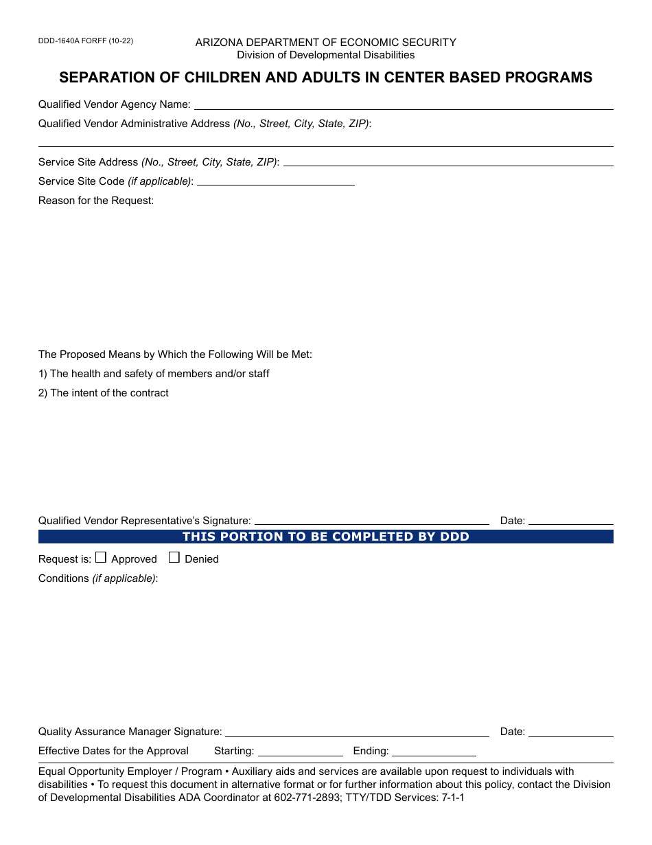 Form DDD-1640A Separation of Children and Adults in Center Based Programs - Arizona, Page 1