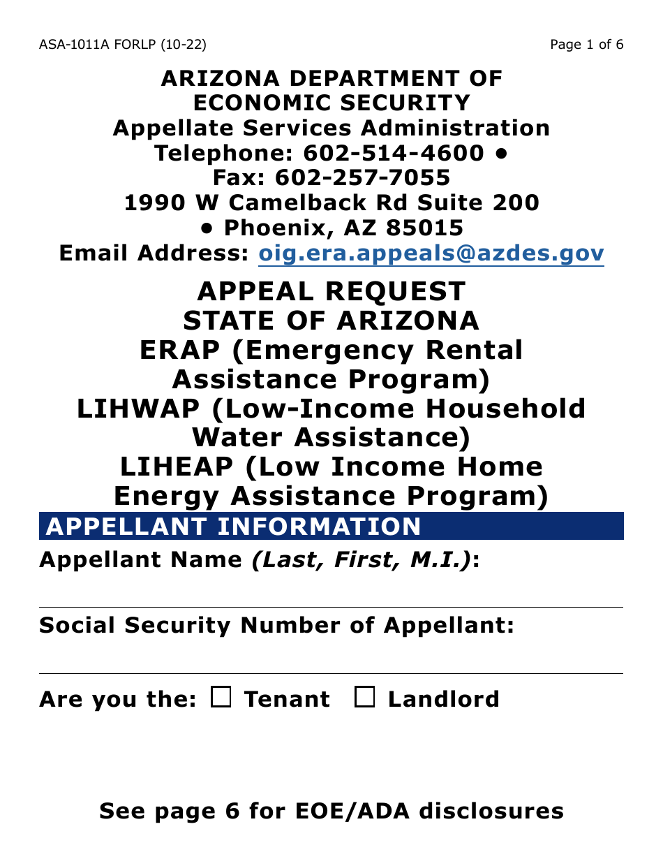 Form ASA-1011A-LP Appeal Request - Erap, Lihwap  Liheap (Large Print) - Arizona, Page 1