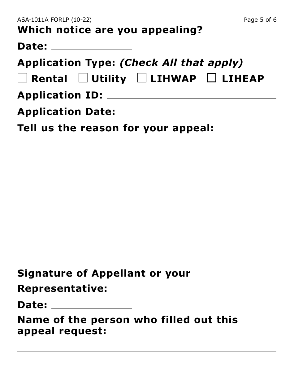 Form ASA-1011A-LP Appeal Request - Erap, Lihwap  Liheap (Large Print) - Arizona, Page 5