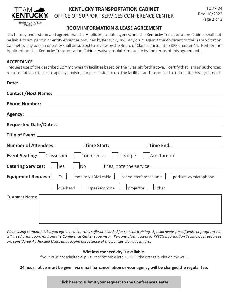 Form TC77-24 Room Information  Lease Agreement - Kentucky, Page 2