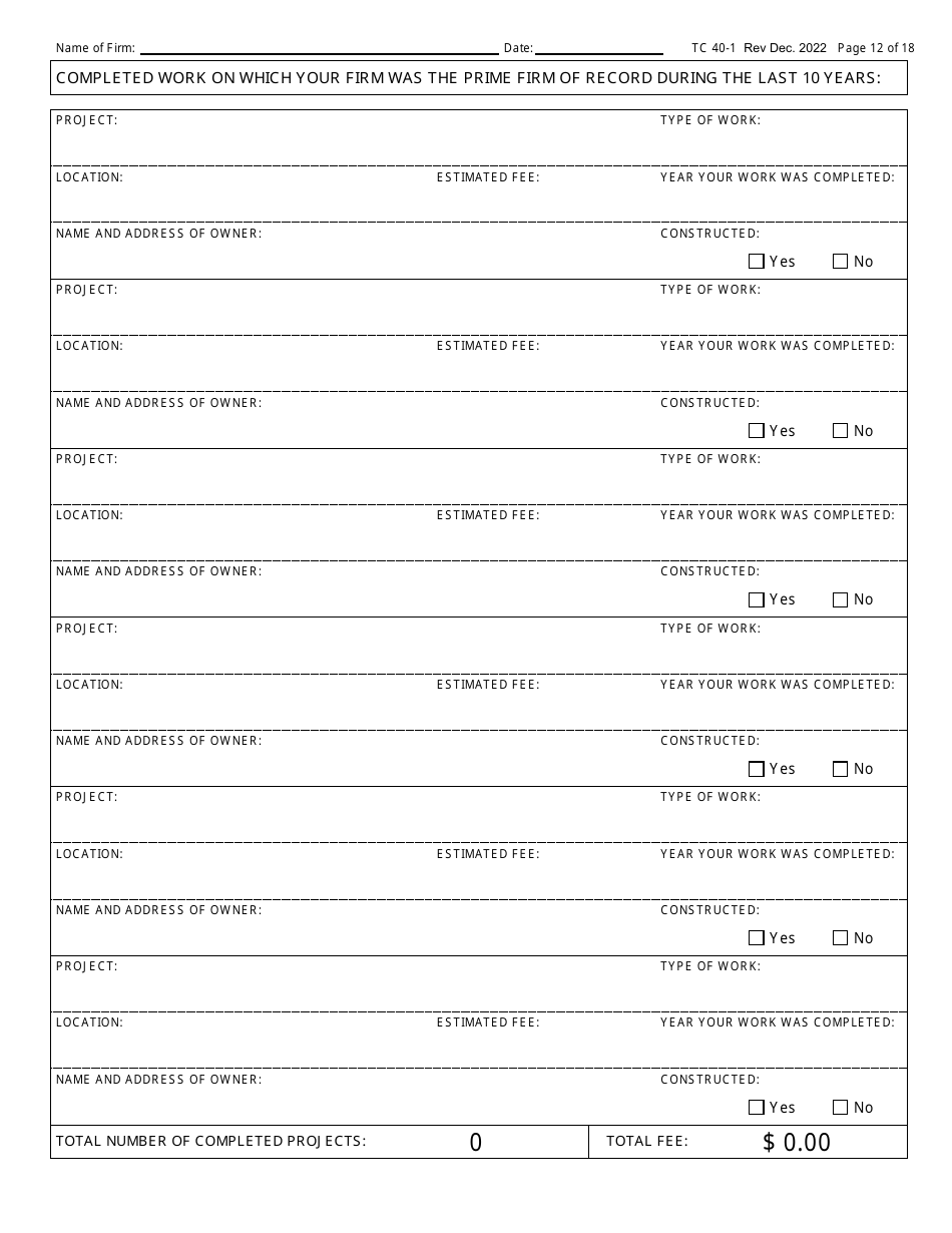 Form TC40-1 Consulting Engineer and Related Services Prequalification Application - Kentucky, Page 12