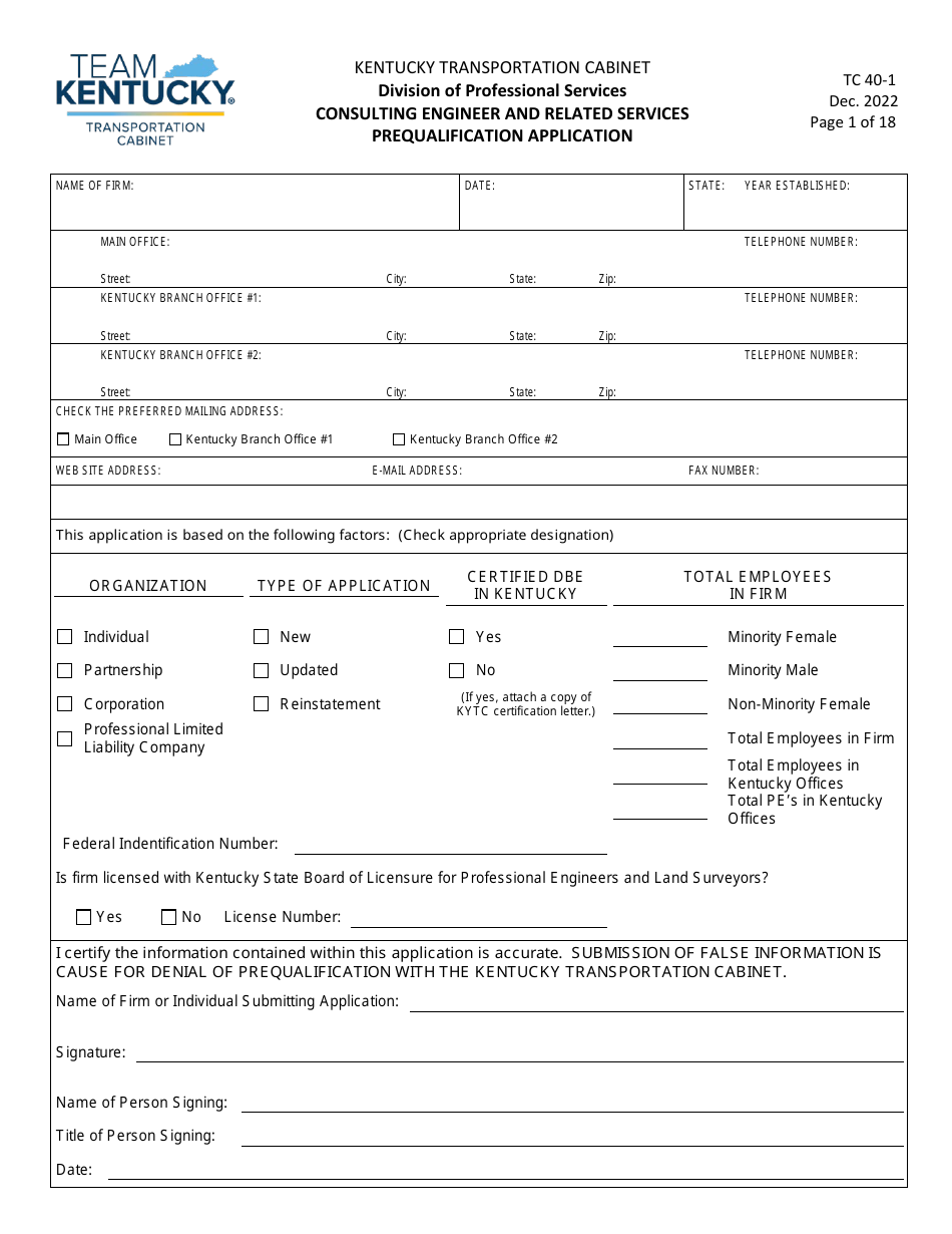 Form TC40-1 Consulting Engineer and Related Services Prequalification Application - Kentucky, Page 1