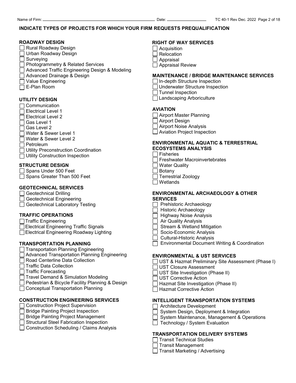 Form TC40-1 Consulting Engineer and Related Services Prequalification Application - Kentucky, Page 2
