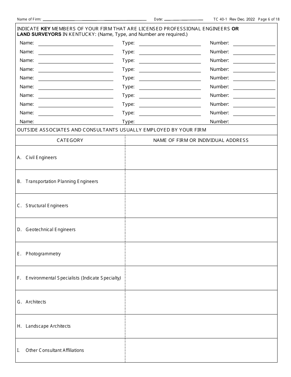 Form TC40-1 Consulting Engineer and Related Services Prequalification Application - Kentucky, Page 6
