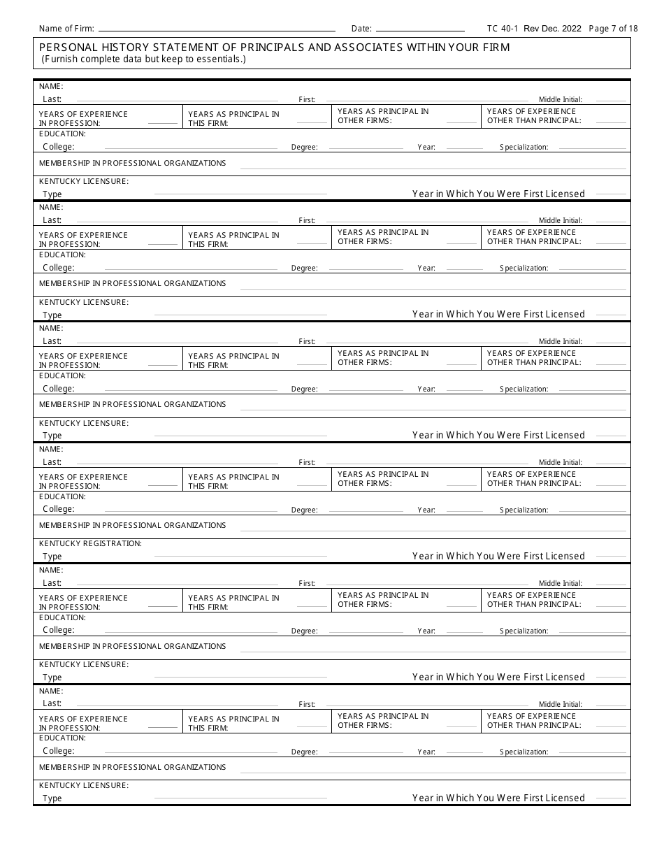 Form TC40-1 Consulting Engineer and Related Services Prequalification Application - Kentucky, Page 7