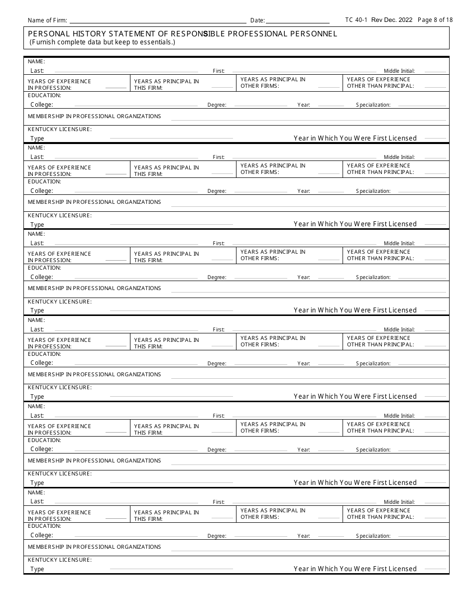 Form TC40-1 Consulting Engineer and Related Services Prequalification Application - Kentucky, Page 8