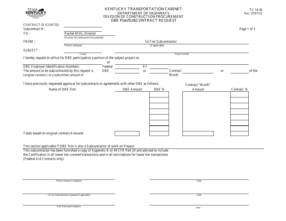 Form TC14-35 Dbe Plan / Subcontract Request - Kentucky, Page 1