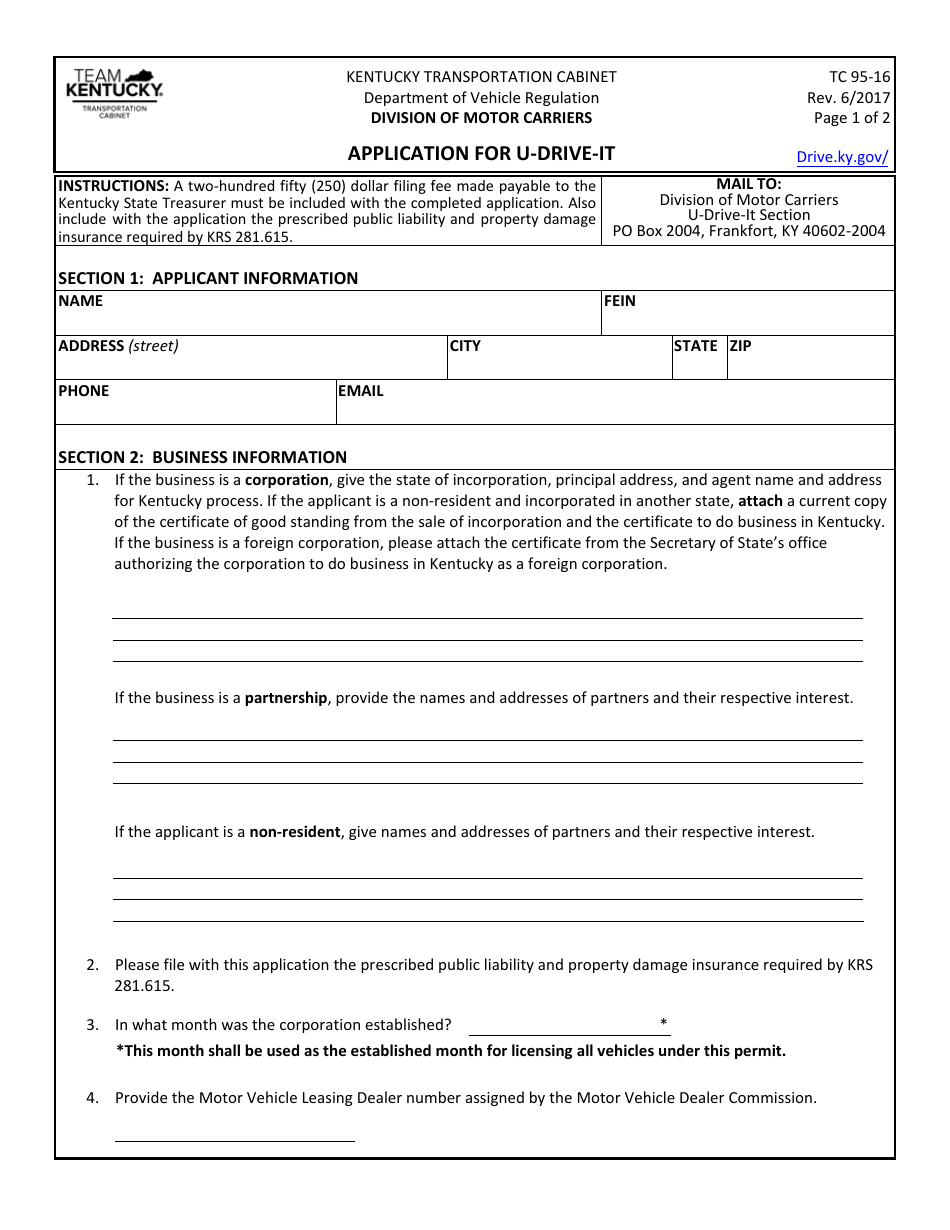 Form TC95-16 Application for U-drive-it - Kentucky, Page 1