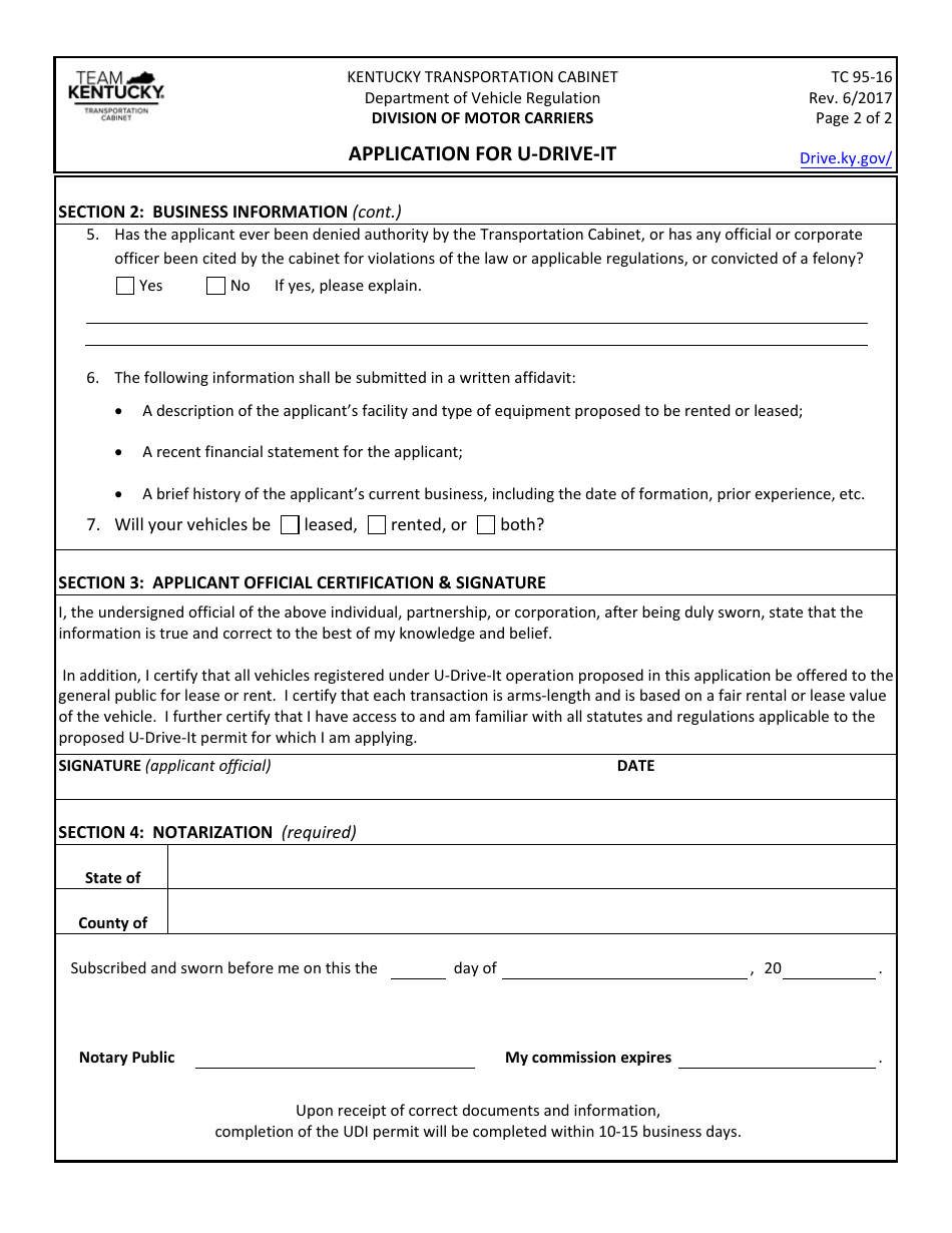 Form TC95-16 Application for U-drive-it - Kentucky, Page 2