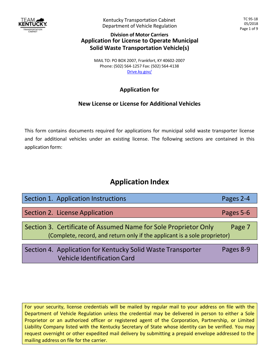Form TC95-18 Application for License to Operate Municipal Solid Waste Transportation Vehicle(S) - Kentucky, Page 1