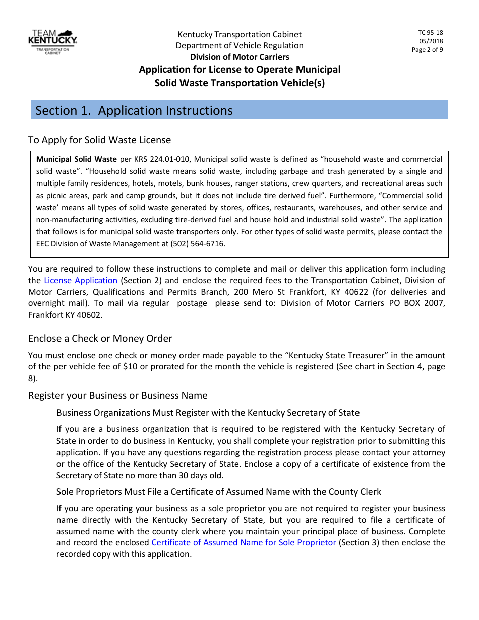 Form TC95-18 Application for License to Operate Municipal Solid Waste Transportation Vehicle(S) - Kentucky, Page 2