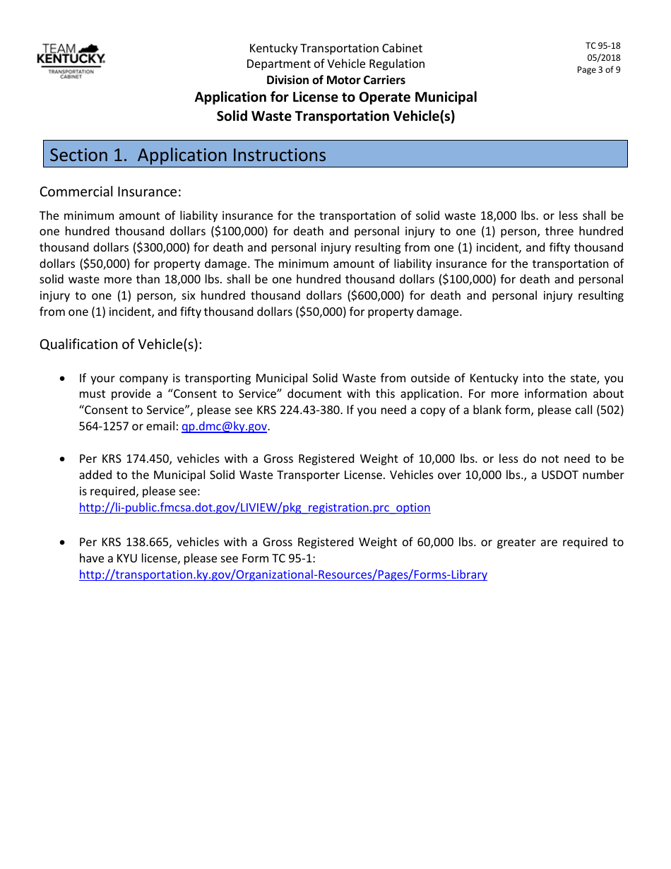 Form TC95-18 Application for License to Operate Municipal Solid Waste Transportation Vehicle(S) - Kentucky, Page 3