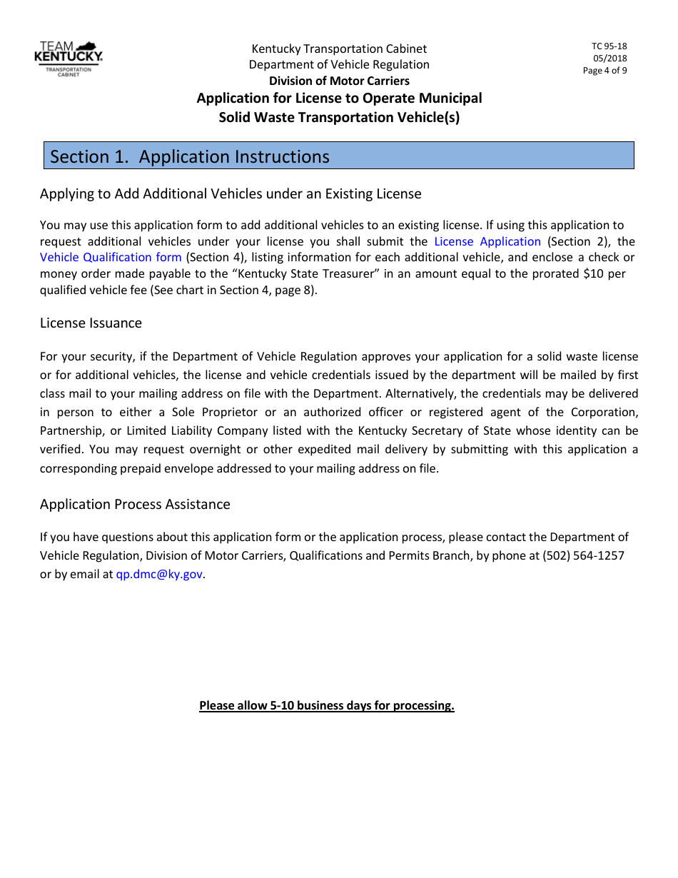 Form TC95-18 Application for License to Operate Municipal Solid Waste Transportation Vehicle(S) - Kentucky, Page 4