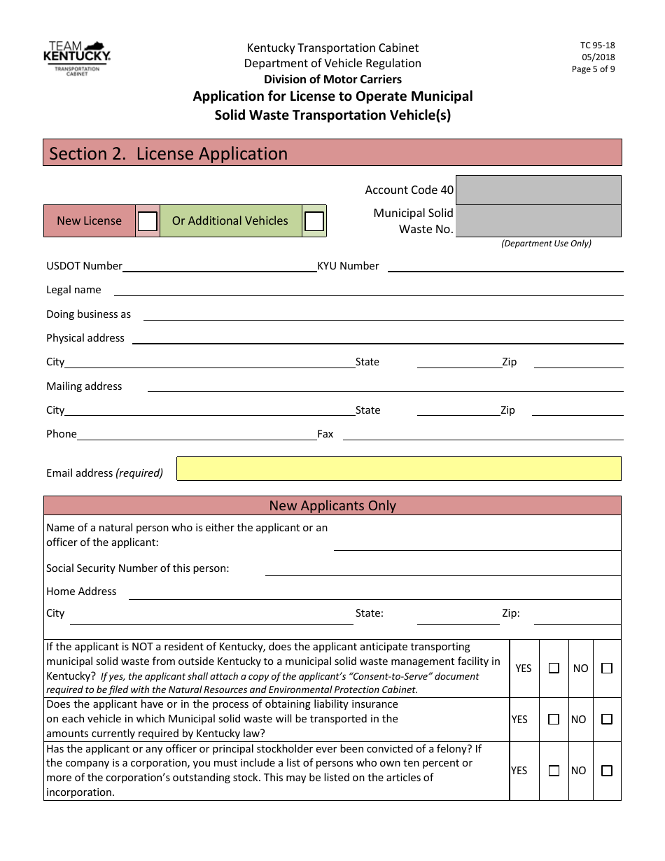 Form TC95-18 Application for License to Operate Municipal Solid Waste Transportation Vehicle(S) - Kentucky, Page 5