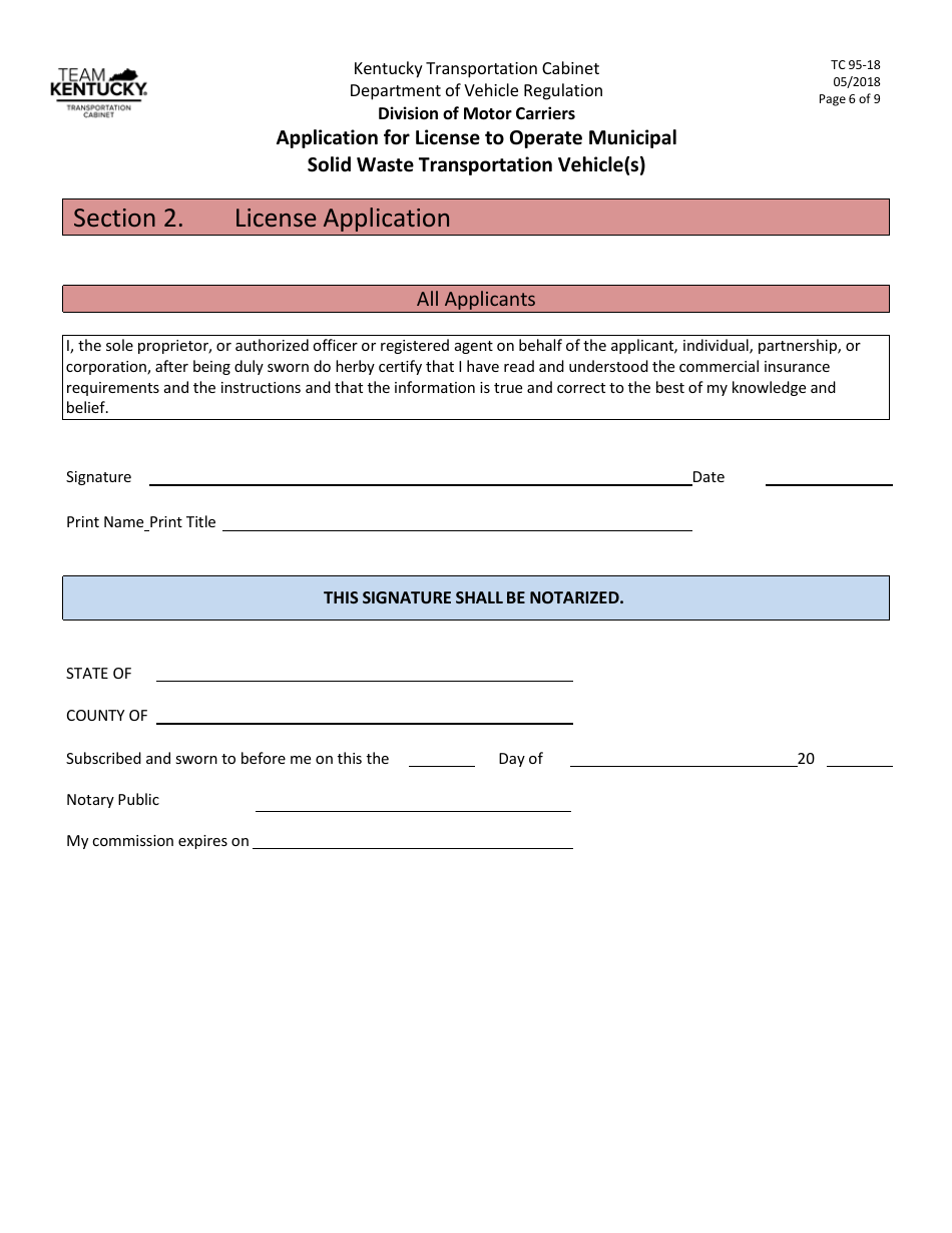 Form TC95-18 Application for License to Operate Municipal Solid Waste Transportation Vehicle(S) - Kentucky, Page 6