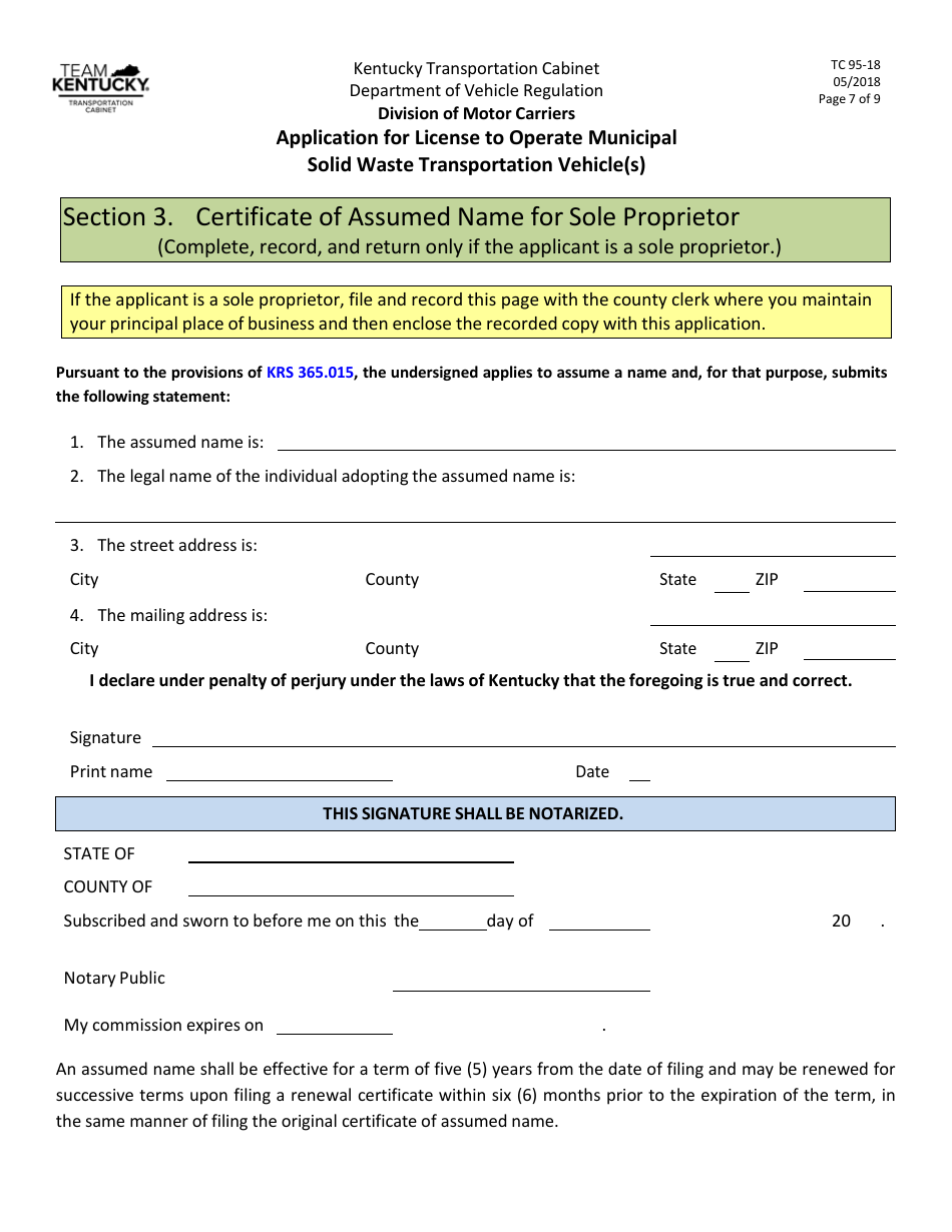 Form TC95-18 Application for License to Operate Municipal Solid Waste Transportation Vehicle(S) - Kentucky, Page 7