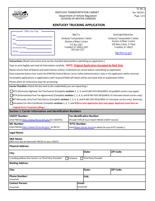Form TC95-1 Kentucky Trucking Application - Kentucky