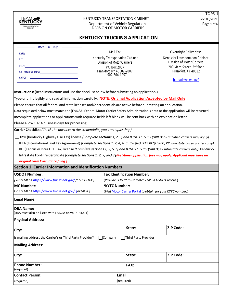 Form TC95-1 Kentucky Trucking Application - Kentucky, Page 1