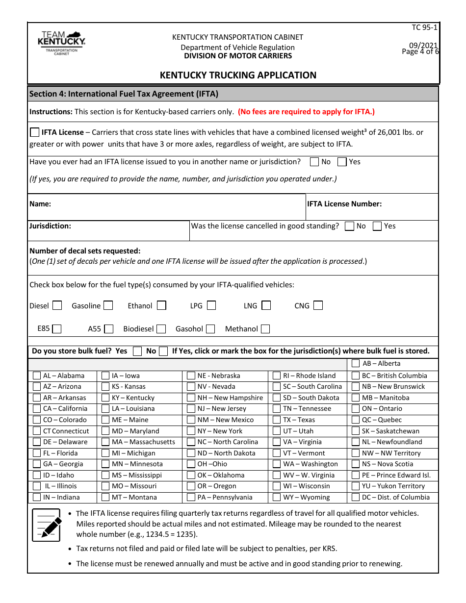 Form TC95-1 Kentucky Trucking Application - Kentucky, Page 4