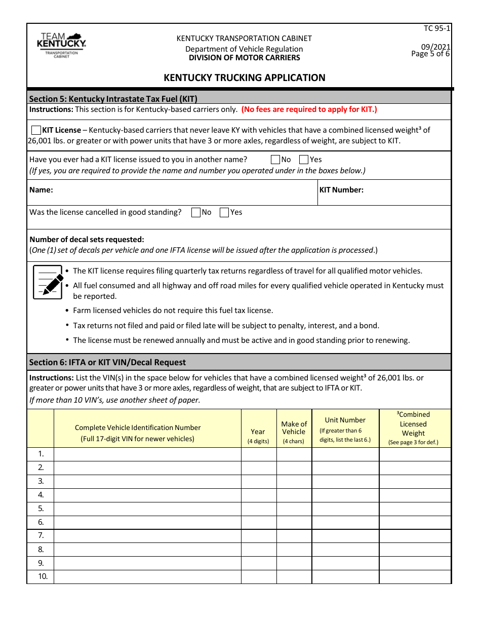 Form TC95-1 Kentucky Trucking Application - Kentucky, Page 5