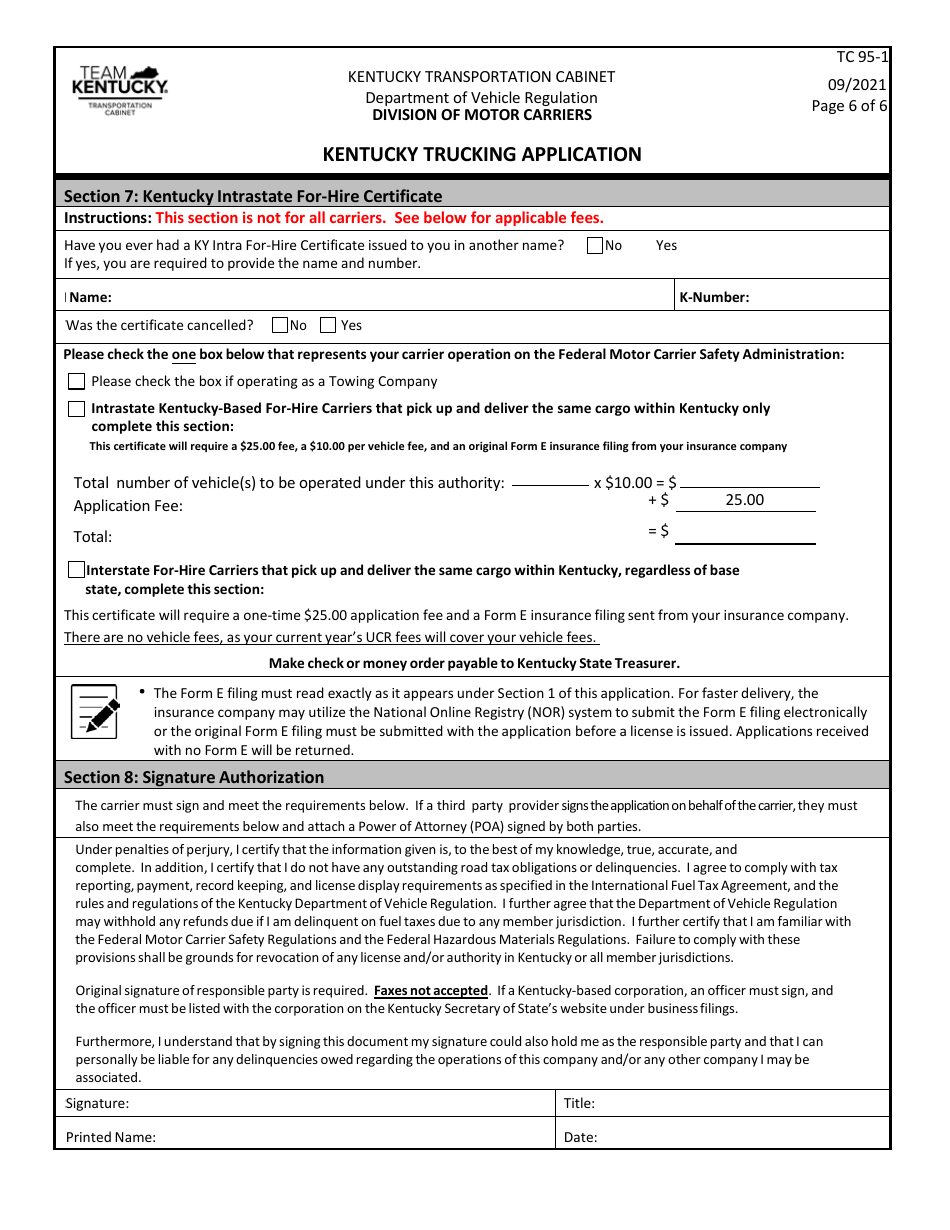 Form TC95-1 Kentucky Trucking Application - Kentucky, Page 6