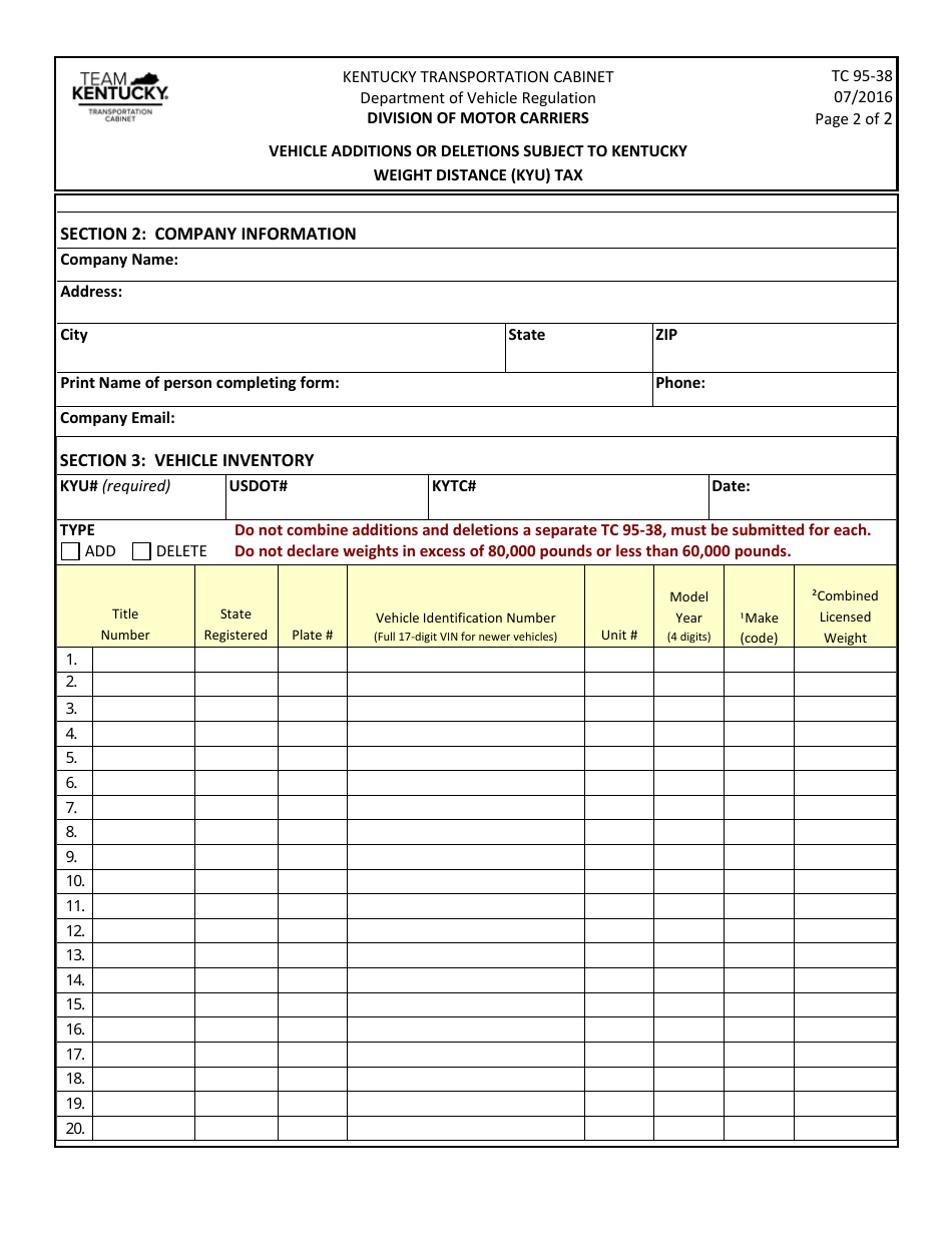 Form TC95-38 Vehicle Additions or Deletions Subject to Kentucky Weight Distance (Kyu) Tax - Kentucky, Page 2