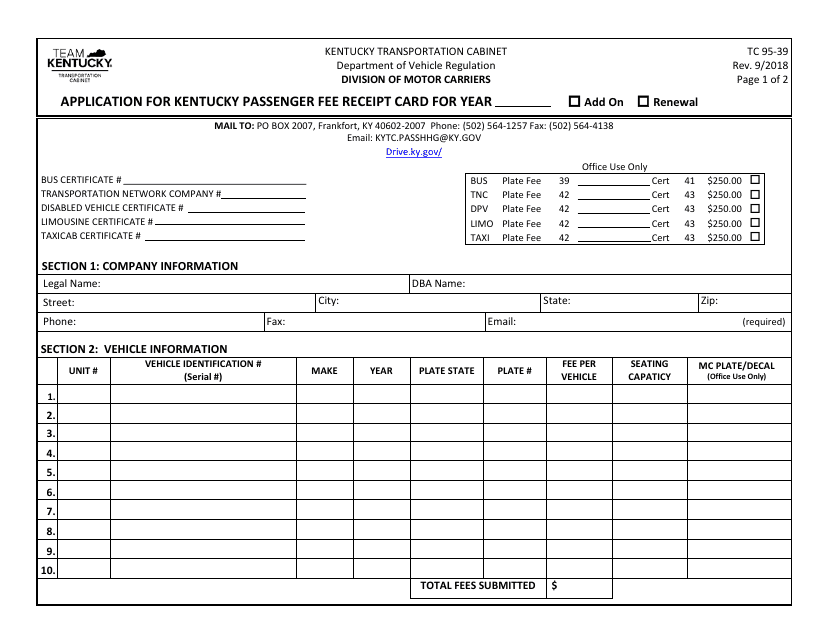 Form TC95-39 Application for Kentucky Passenger Fee Receipt Card - Kentucky