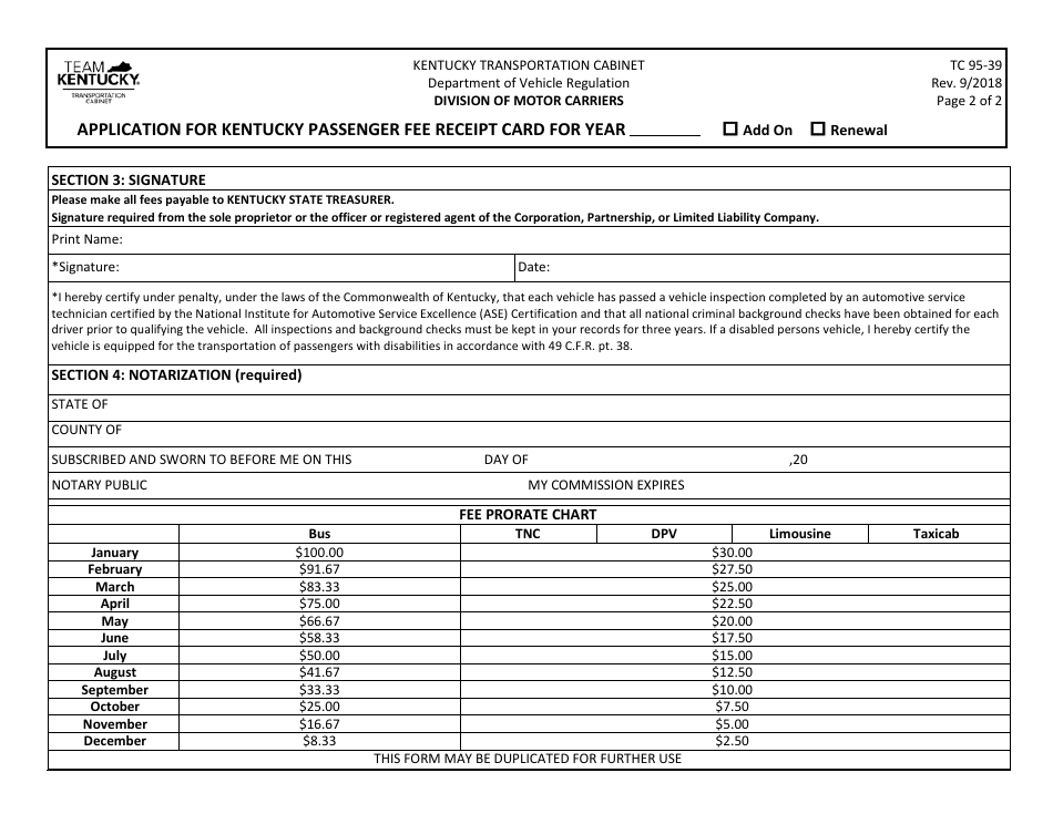 Form TC95-39 Application for Kentucky Passenger Fee Receipt Card - Kentucky, Page 2
