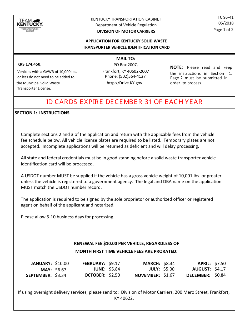 Form TC95-41 Application for Kentucky Solid Waste Transporter Vehicle Identification Card - Kentucky, Page 1