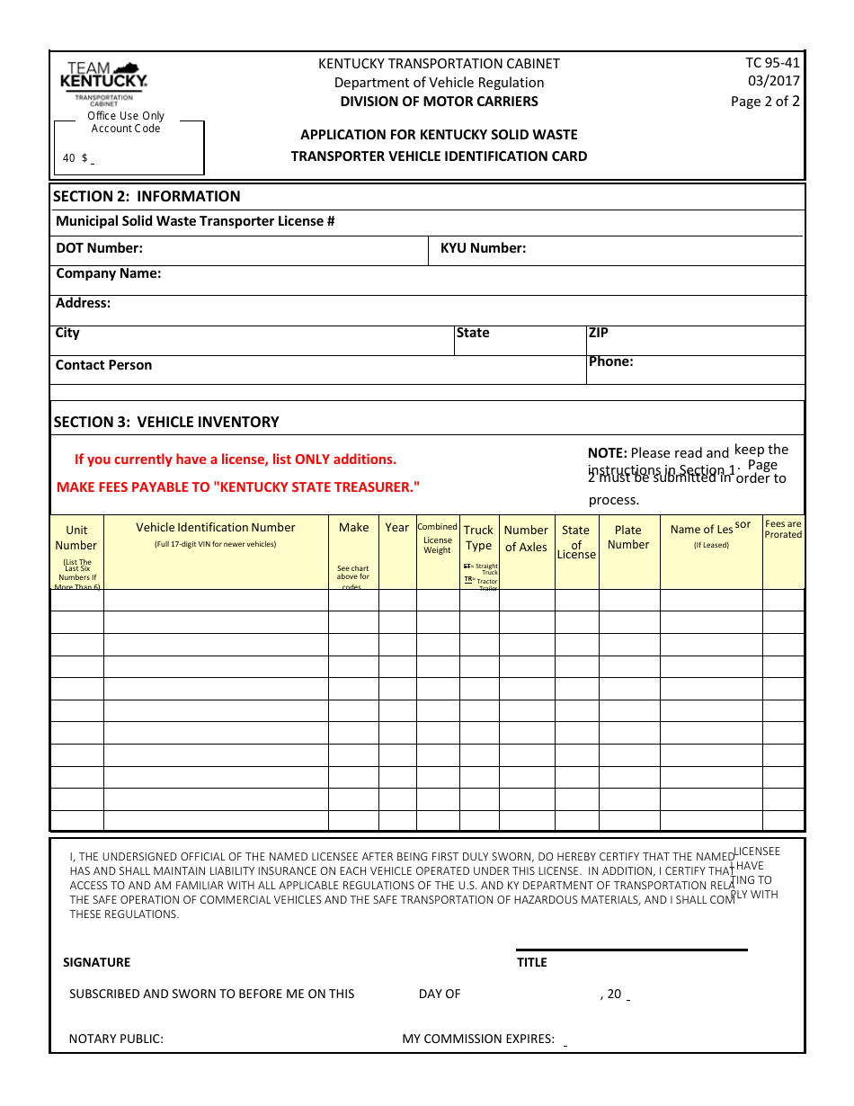 Form TC95-41 Application for Kentucky Solid Waste Transporter Vehicle Identification Card - Kentucky, Page 2